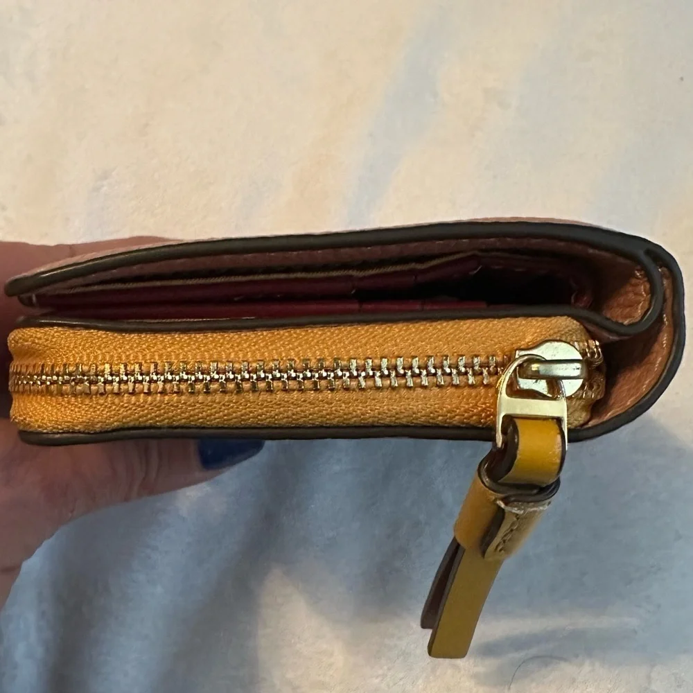 Tory Burch Perry Color Block Bifold Pebbled Leather Wallet pink yellow brown red